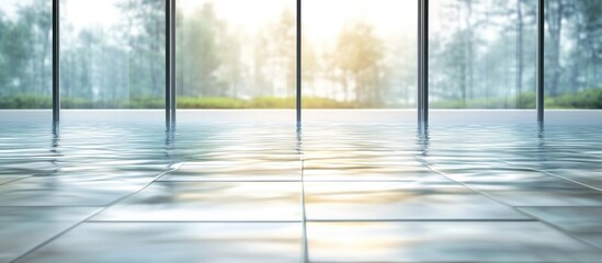 Leinwandbilder - Serene Reflection of Blurred Water on Tile and Cement Floors with Lush Greenery in the Background