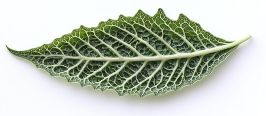 Fototapete - Clidemia hirta leaf showcasing intricate green pattern over a white background highlighting its unique beauty and natural elegance