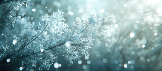 Wall Mural - Winter forest close-up with shimmering snowflakes and soft bokeh effect creating a tranquil, ethereal atmosphere in a frosty setting.