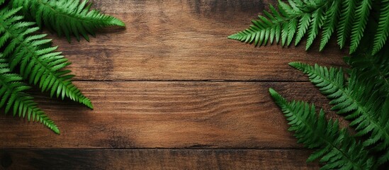 Wall Mural - Fern leaves framed on rustic dark brown wood surface with ample copy space for natural-themed design or decoration concepts