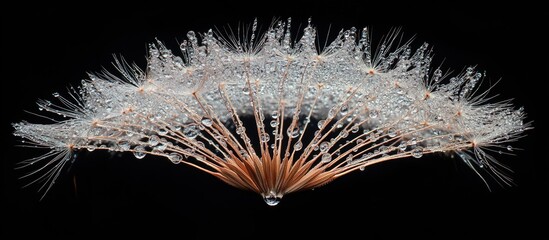 Wall Mural - Dandelion macro closeup featuring seeds adorned with water droplets against a striking black background.