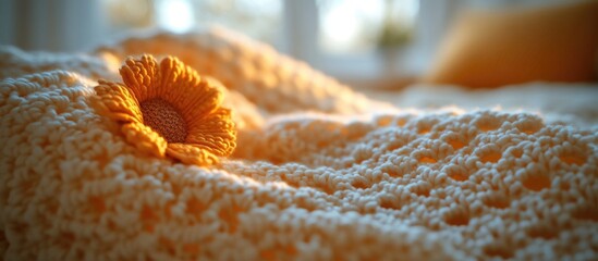 Fototapete - Handmade crochet blanket with floral accent showcasing warm and cozy textures perfect for home decor and artistic backgrounds