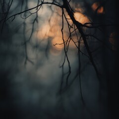 Wall Mural - Soft focus image of a blurred tree branch with zen papaya in dark gradient moody effect art