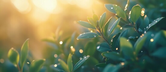 Wall Mural - morning dew glistening on green leaves with soft sunlight creating a serene and tranquil natural atm