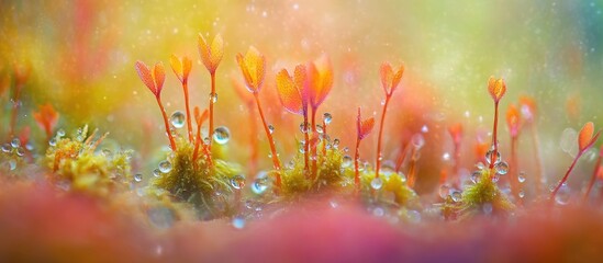 Aufkleber - Sphagnum moss close-up with vibrant colors and water droplets showcasing its unique structure and beauty in natural habitat.