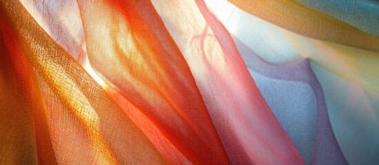 Poster - Vibrant and flowing curtain fabric showcasing an artistic blend of colors and textures for interior decor or textile design inspiration