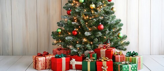 Aufkleber - Christmas tree with colorful ornaments and wrapped gifts on a white wooden background blank space for New Year greeting text card