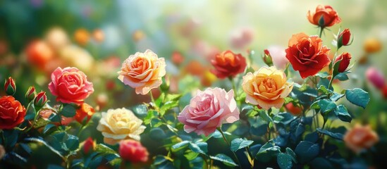 Wall Mural - vibrant garden scene featuring an array of colorful roses in full bloom surrounded by lush greenery 