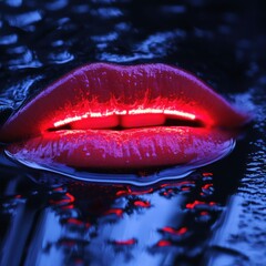 Poster - red lipstick with reflection on water surface alongside zen papaya and soft-focus neon light backgro