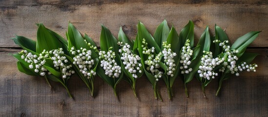 Aufkleber - Delicate arrangement of white lilies of the valley with lush green foliage on rustic wooden background for floral design and decor.