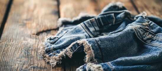 Poster - Frayed denim shorts on rustic wooden surface showcasing fashion and upcycling trends in casual wear