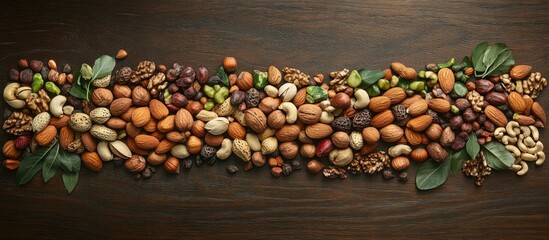 Leinwandbilder - Assorted nuts and seeds arranged artistically on a wooden surface with greenery for a healthy snack or culinary background concept.