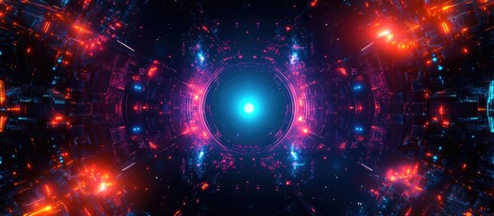 Aufkleber - Futuristic cosmic alien mothership in a vibrant space scene with colorful light effects and empty area for text overlay.