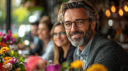 Smiling man enjoying a casual gathering in a vibrant cafe with flowers and friends during the afternoon