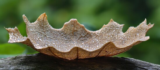 Wall Mural - Detailed close-up of a dry plane tree leaf adorned with water droplets on a blurred green background showcasing nature's intricate patterns.