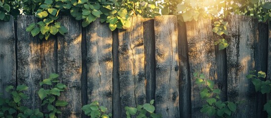 Poster - Rustic Wooden Fence Surrounded by Nature with Sunlight and Green Leaves in the Background
