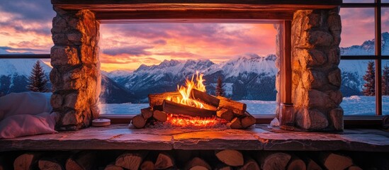 Poster - Cozy rustic cabin interior with a fireplace burning logs at sunset against a stunning mountain landscape and ample space for text overlay