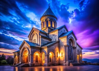 Wall Mural - Majestic Kutaisi Church at Night: Illuminated Georgian Architecture Stock Photo