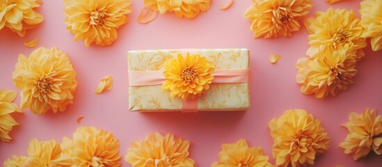 Aufkleber - Yellow flower arrangement with gift box on pink background Flat lay design with copy space for seasonal celebration or greeting card concepts