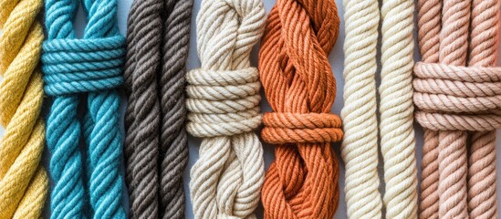 Poster - Colorful collection of various ropes and strings against a white background showcasing different textures and materials.