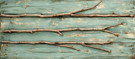 Poster - Weathered green wooden plank wall with natural twig accents for rustic decor and design backgrounds.