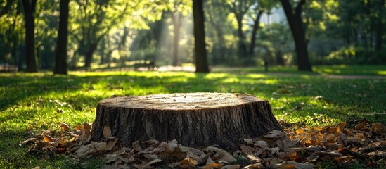 Aufkleber - Wooden tree stump in a tranquil park setting surrounded by lush greenery and sunlight filtering through trees in the background