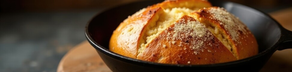 Artisan bread in cast iron with crackled crust and golden color, cast iron, brown, warm