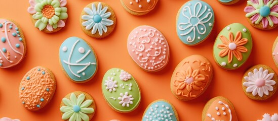 Canvas Print - Colorful homemade Easter cookies shaped like eggs arranged on an orange background with vibrant icing and decorative flowers.