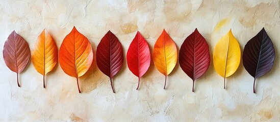 Wall Mural - Autumn Leaf Display Flat Lay Arrangement in Vibrant Colors on Textured Background for Seasonal Art Inspiration