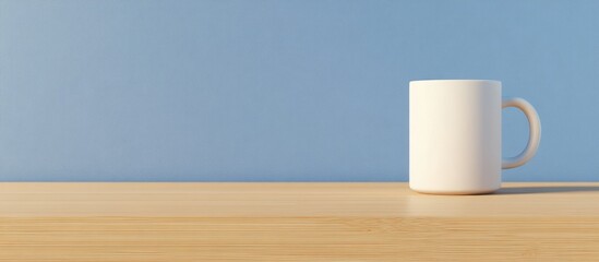 Wall Mural - Elegant white coffee mug on a modern wooden desk against a soft blue background perfect for minimalist workspace and creative text placement