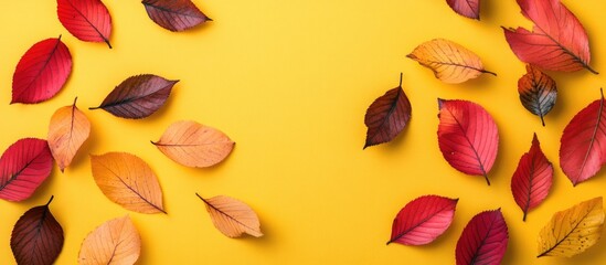 Wall Mural - Fallen autumn leaves in vibrant colors on a yellow background creating a minimalistic seasonal flat lay design for creative concepts