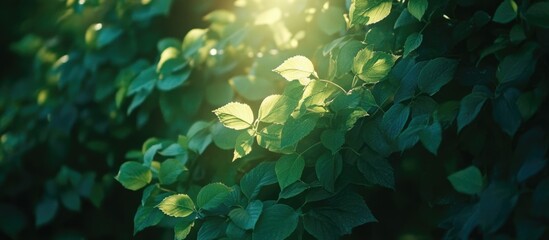 Wall Mural - glowing fresh green leaves illuminated by sunlight with space for text and messages in a natural set