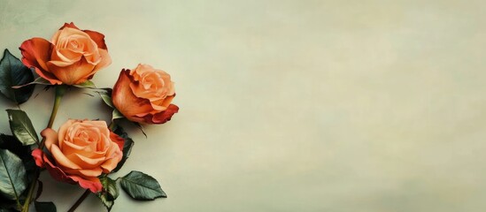 Wall Mural - Elegant composition of orange roses on soft background with empty space for text suitable for invitations or floral arrangements.