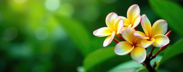 Wall Mural - Delicate frangipani blooms against lush green foliage, flowers, wildlife