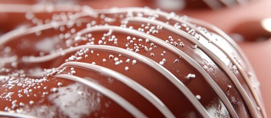 Canvas Print - Delicious chocolate glazed donut with white stripes resting on a coral pink background in a high quality close-up image.