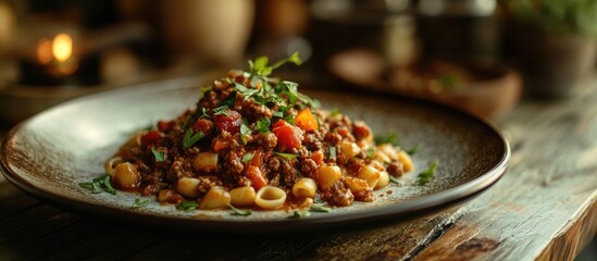 Wall Mural - Delicious boiled pasta topped with savory minced meat and fresh herbs on a rustic wooden table setting closeup