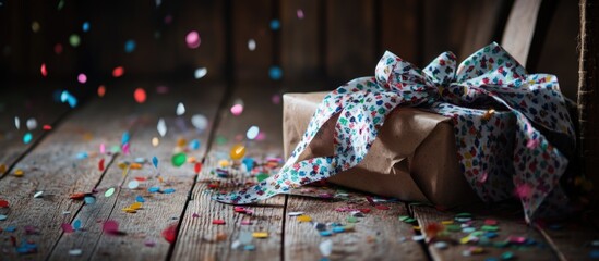 Wall Mural - Open gift box surrounded by colorful confetti on a rustic wooden table creating a festive and celebratory atmosphere.