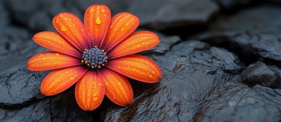 Wall Mural - Vibrant orange flower resting on dark stone floor creating a striking contrast in a natural textured background