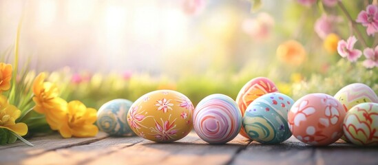 Wall Mural - Colorful Easter eggs arranged on a wooden surface surrounded by flowers and soft daylight creating a festive spring atmosphere