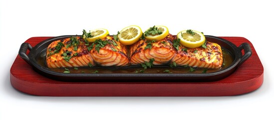 Wall Mural - Roasted salmon with lemon slices garnished on a metal pan atop a red wooden platter isolated on a white background