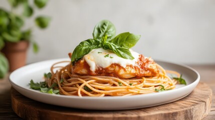 Wall Mural - A mouthwatering plate of spaghetti topped with marinara sauce, creamy cheese, and fresh basil, served on a wooden board with a plant backdrop.