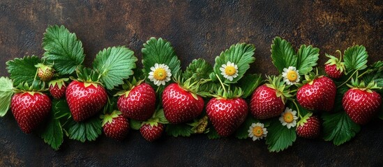 Wall Mural - Ripe Wild Strawberries with Green Leaves and Blossoms on Rustic Background Ideal for Text Placement and Fresh Produce Themes