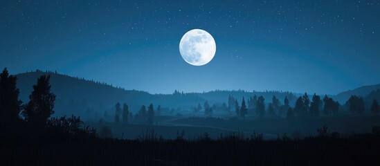 Wall Mural - serene landscape illuminated by a full moon under a clear night sky with distant hills and scattered