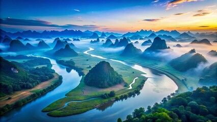 Minimalist Blue Chinese Painting Drone Photography: Thousand Miles of Rivers and Mountains