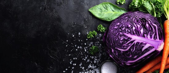 Wall Mural - Fermented red cabbage with carrots green pepper and herbs on dark background blank space for text healthy food concept vertical composition