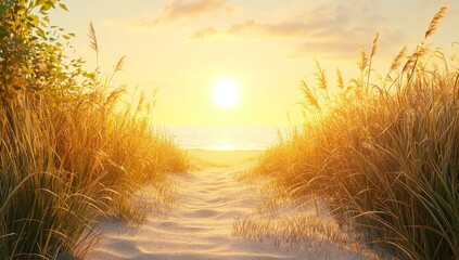 Wall Mural - sunset beach path, golden grass, ocean view, peaceful scene, travel brochure
