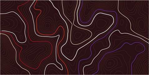 Fototapete - The stylized height of the topographic map contour in lines and contours. The concept of a conditional geography scheme and the terrain path. Orange on black. Ultra wide size. Vector illustration.
