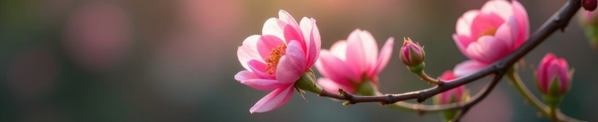 Wall Mural - Delicate pink blooms unfolding on a woody branch, pink rose of sharon, petals