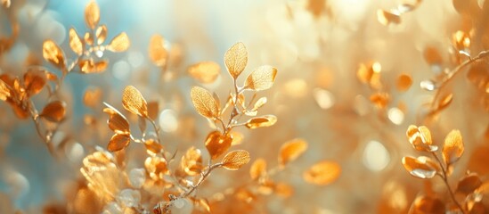 Wall Mural - golden autumn leaves with a blurred background creating a tranquil atmosphere and ample space for te