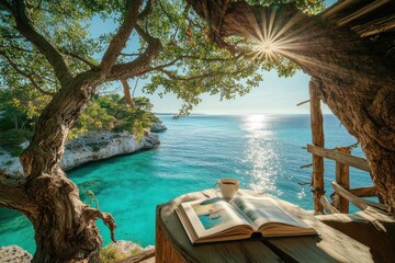 Wall Mural - Open book and coffee at a treehouse overlooking turquoise ocean with sunny coastal scenery